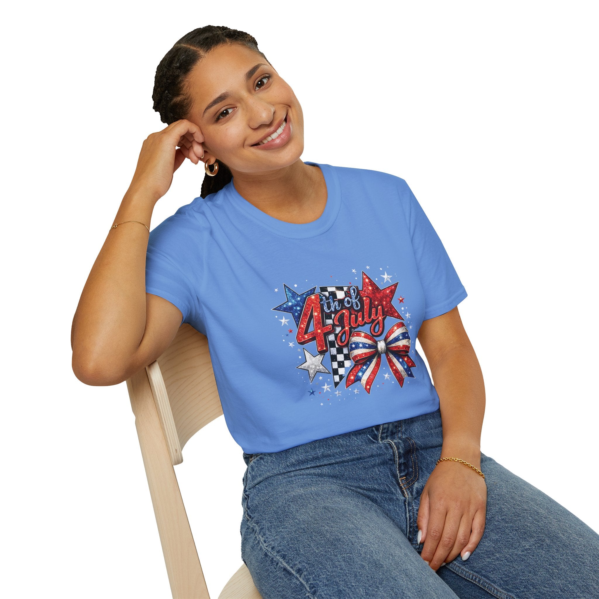 4th of July Patriotic T-Shirt – Red White Blue Stars & Bow Design