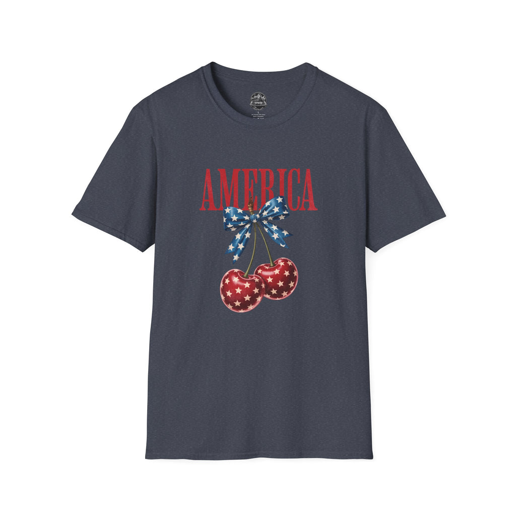 America Cherry Graphic T‑Shirt — Patriotic Stars & Stripes Bow Tee