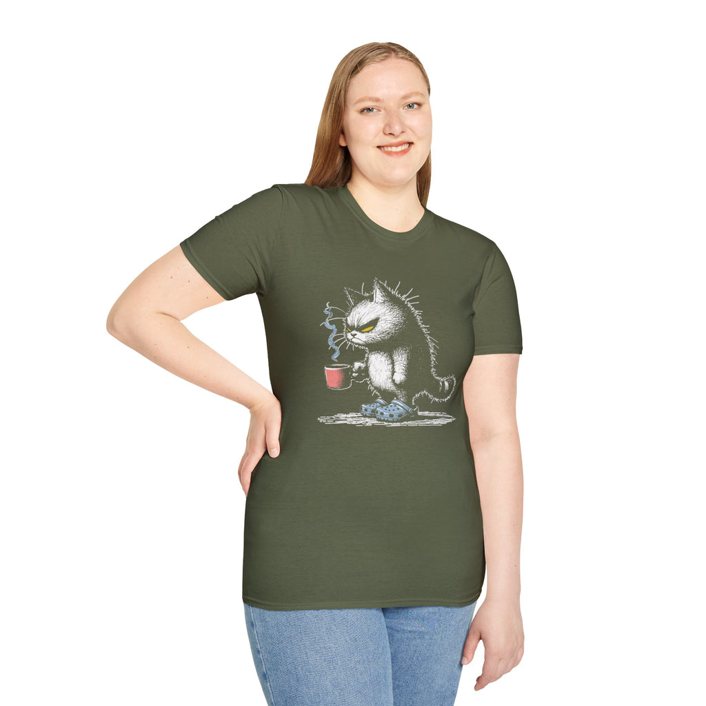 Grumpy Cat with Coffee T-Shirt — Moody Morning Cat Graphic Tee