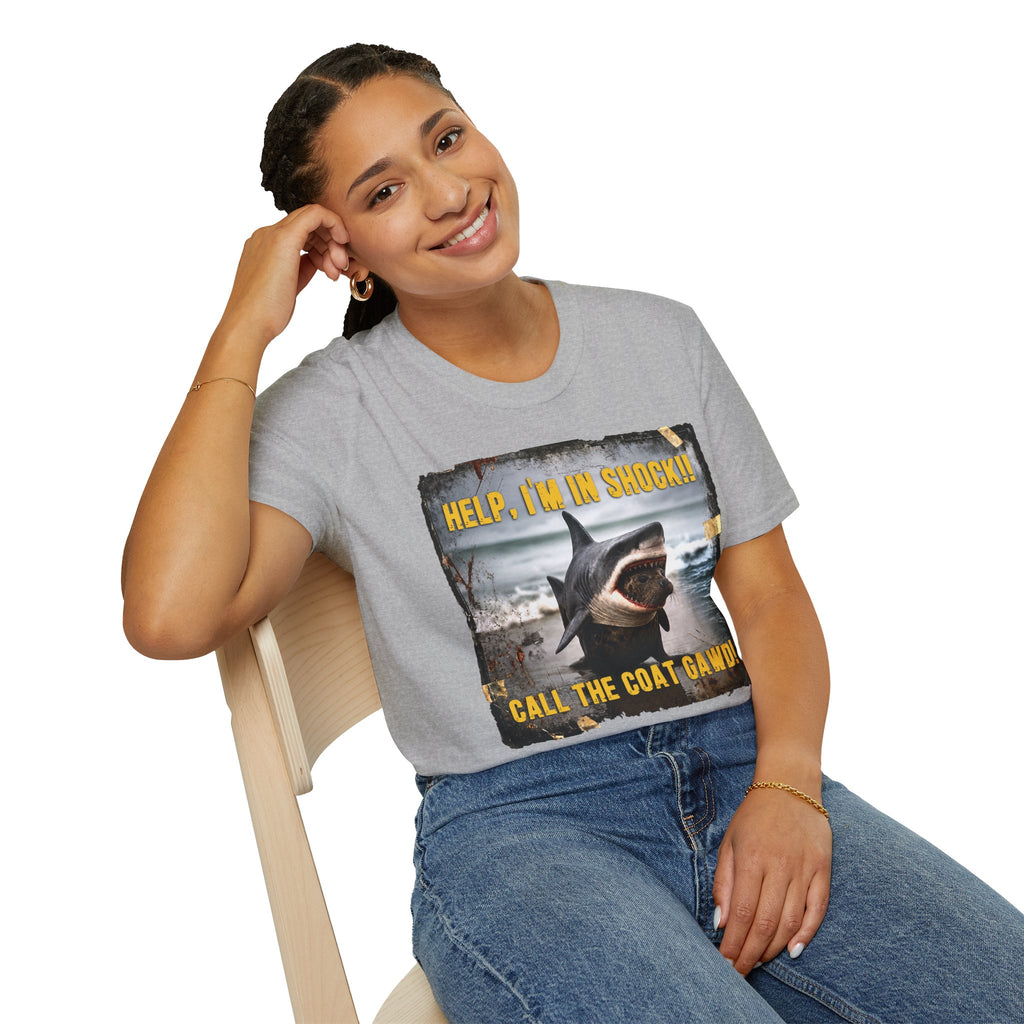 Shark Graphic T-Shirt — "Help, I'm in Shock!" Funny Beachwear