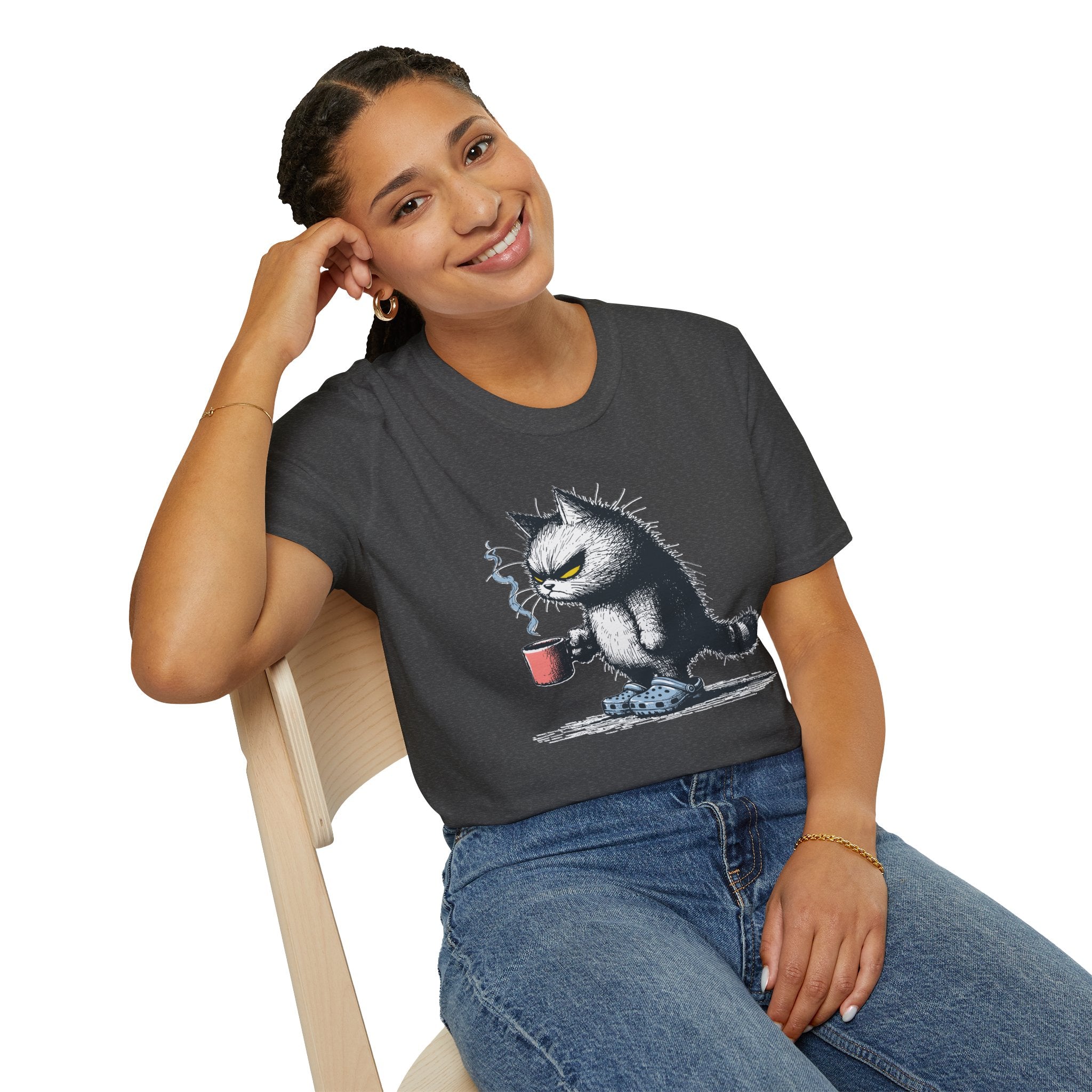 Cat Coffee T-Shirt — Grumpy Cat Holding Mug Illustration