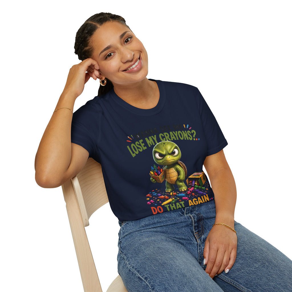 Funny Angry Turtle T-Shirt — “Wanna See Me Lose My Crayons? Do That Again…” — Teacher & Art Lover Tee