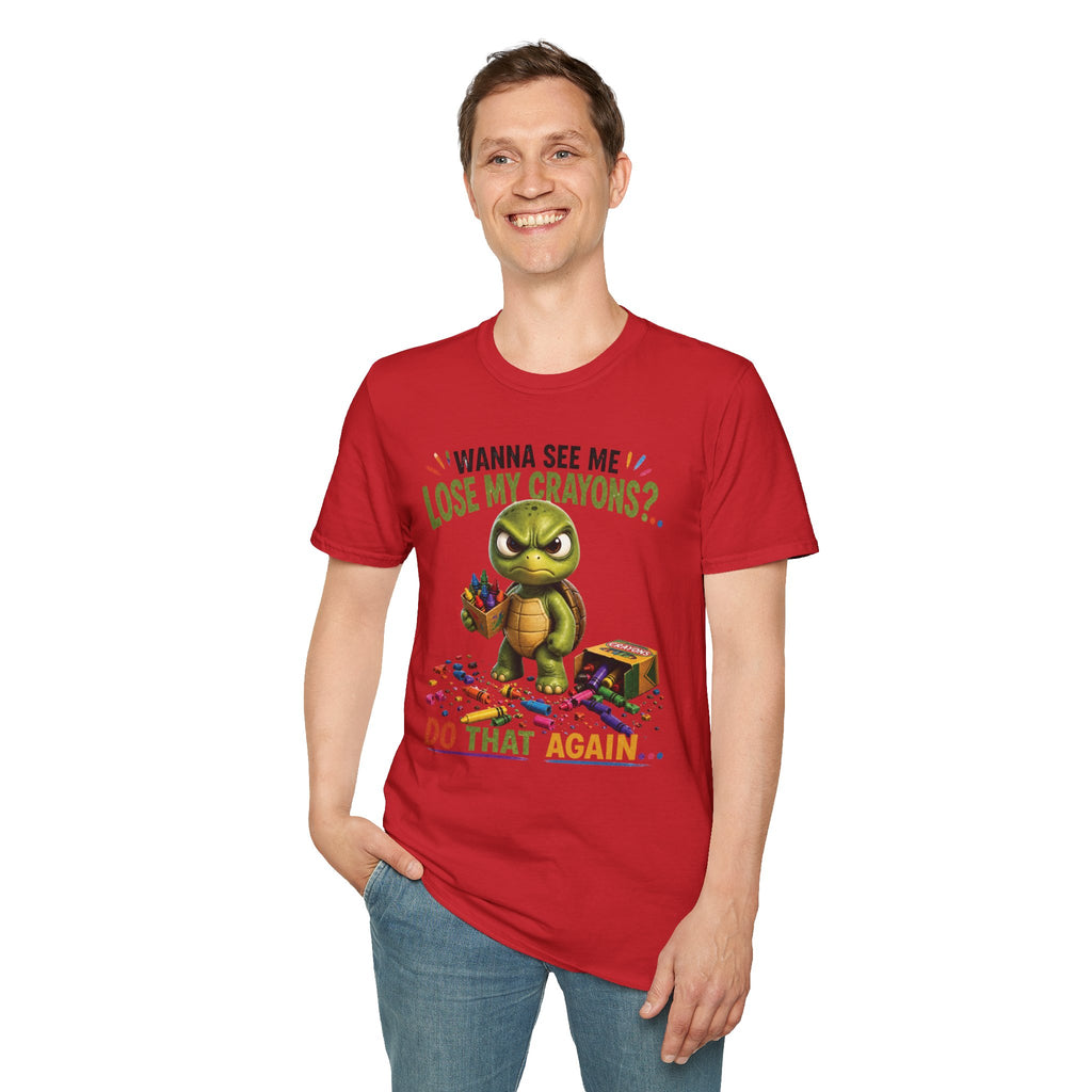 Funny Angry Turtle T-Shirt — “Wanna See Me Lose My Crayons? Do That Again…” — Teacher & Art Lover Tee