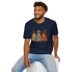 Halloween Ghost Trio T-Shirt — Leopard, Checker & Pumpkin Hat Design
