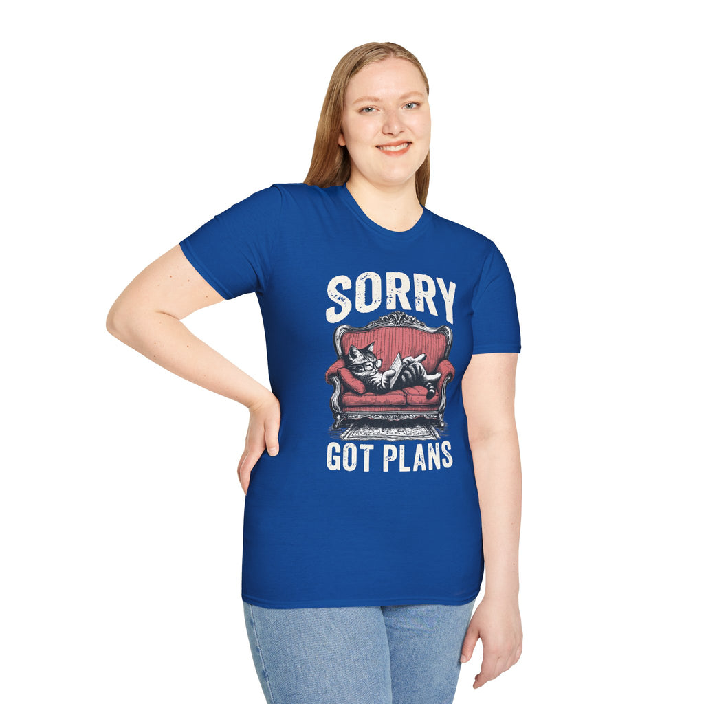Sorry, Got Plans T‑Shirt — Cat on Couch Funny Lazy Day Tee
