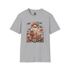 Patchwork Floral Ghost Halloween Shirt | Quilted Boho Ghost with Pumpkin and Bats