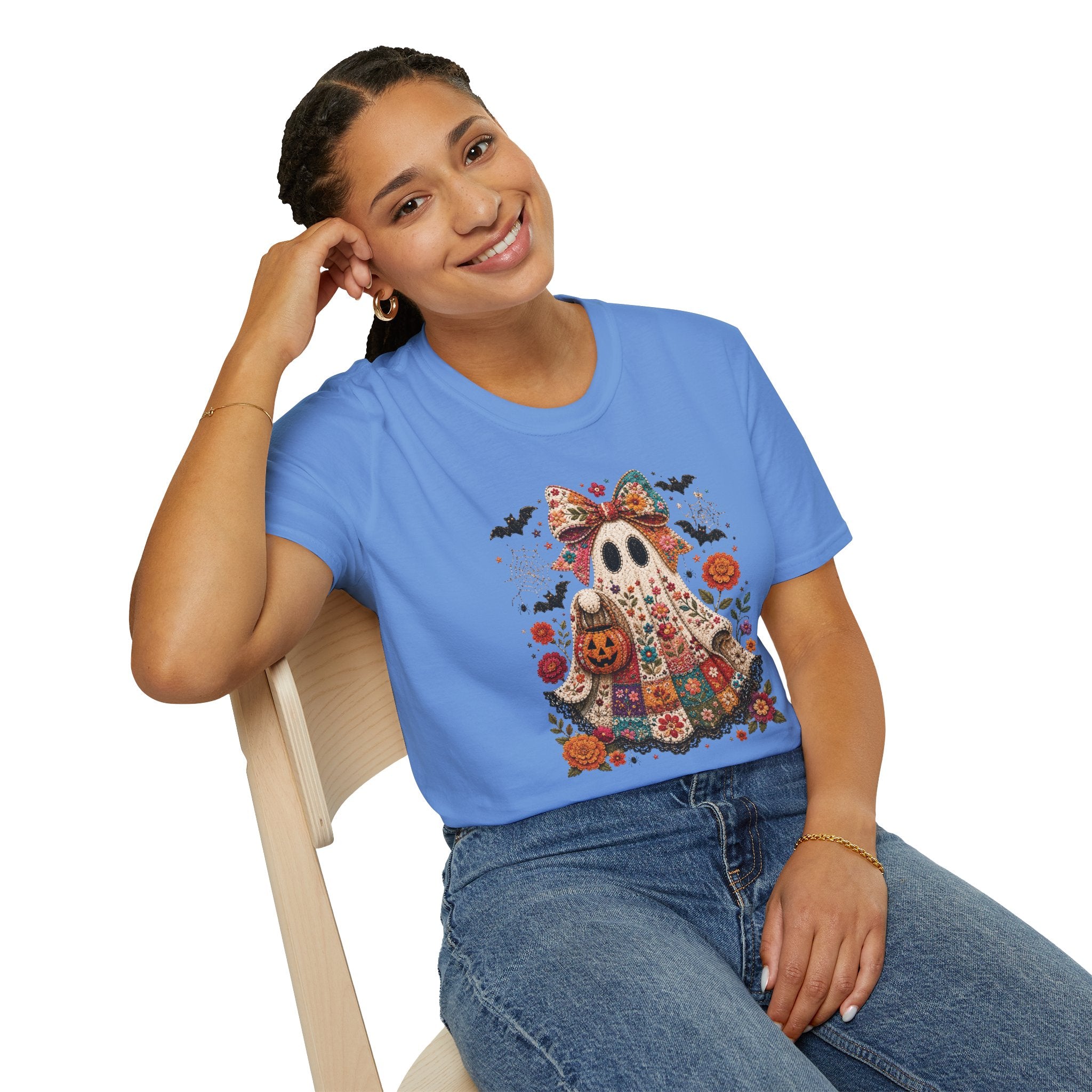 Patchwork Floral Ghost Halloween Shirt | Quilted Boho Ghost with Pumpkin and Bats