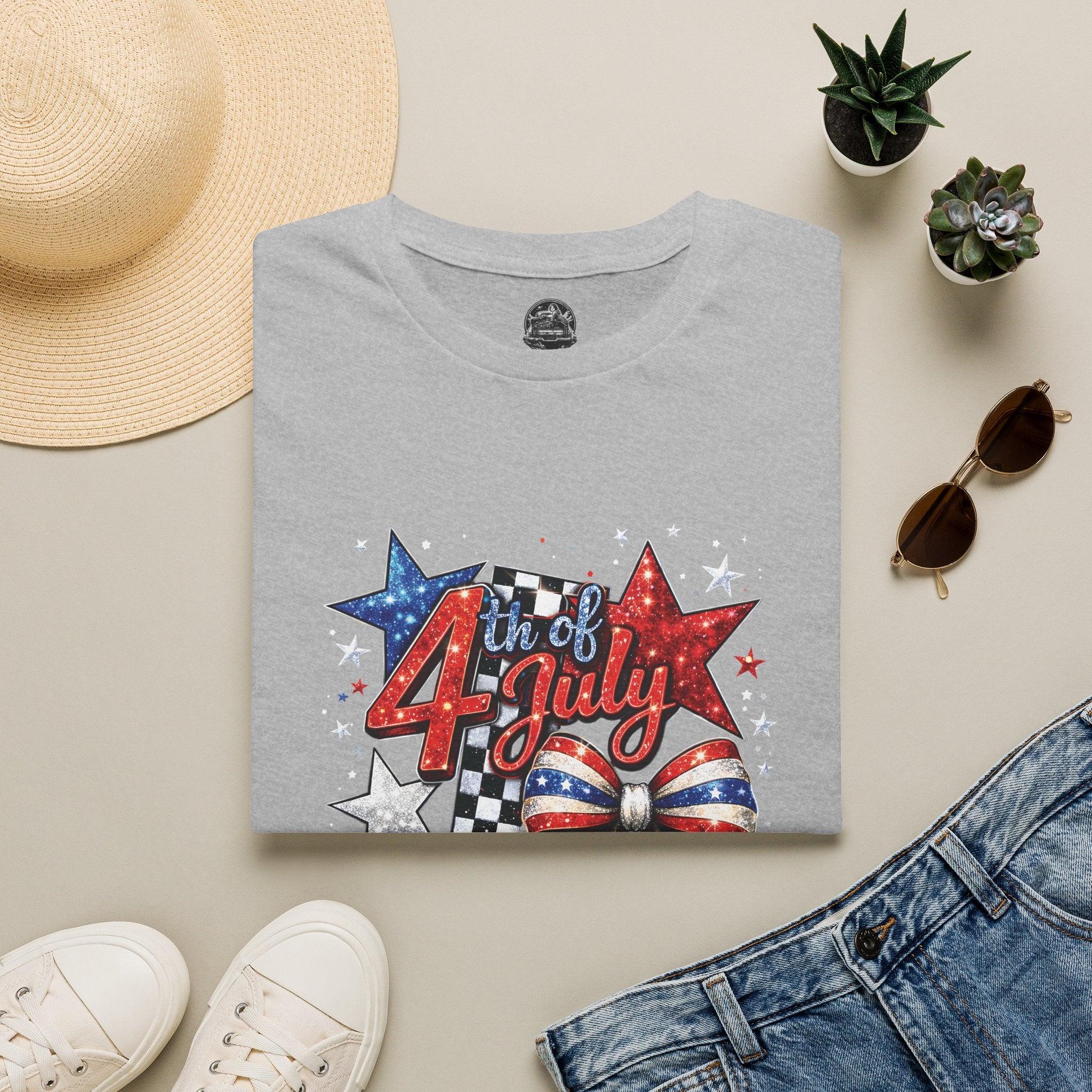 4th of July Patriotic T-Shirt – Red White Blue Stars & Bow Design