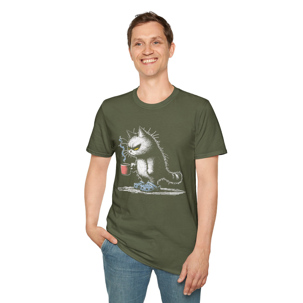 Grumpy Cat with Coffee T-Shirt — Moody Morning Cat Graphic Tee