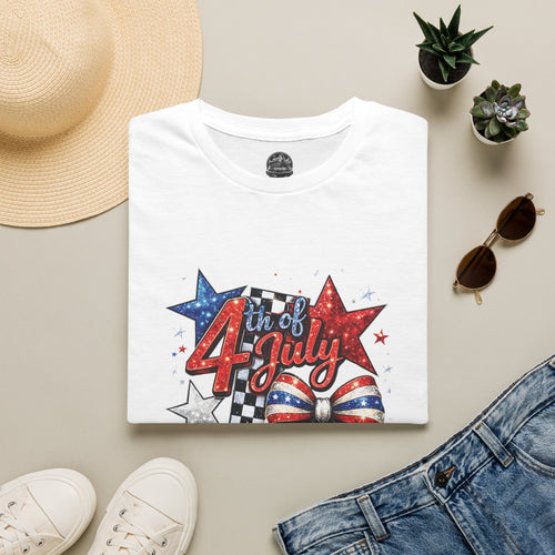 4th of July Patriotic T-Shirt – Red White Blue Stars & Bow Design