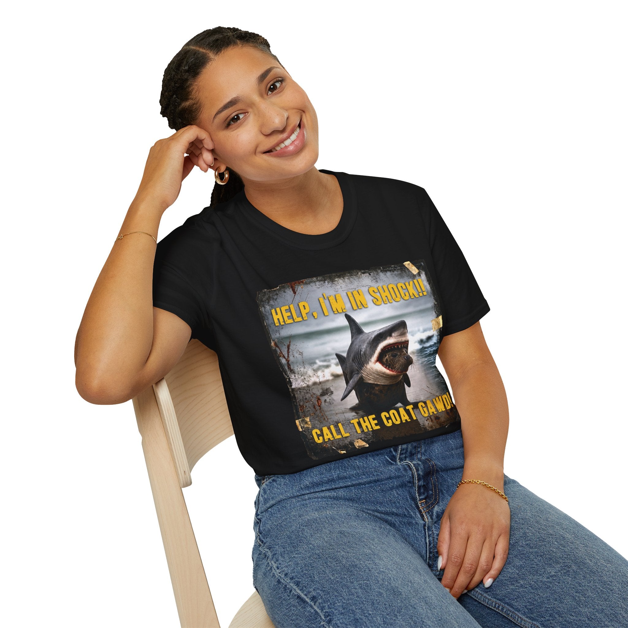 Shark Graphic T-Shirt — "Help, I'm in Shock!" Funny Beachwear