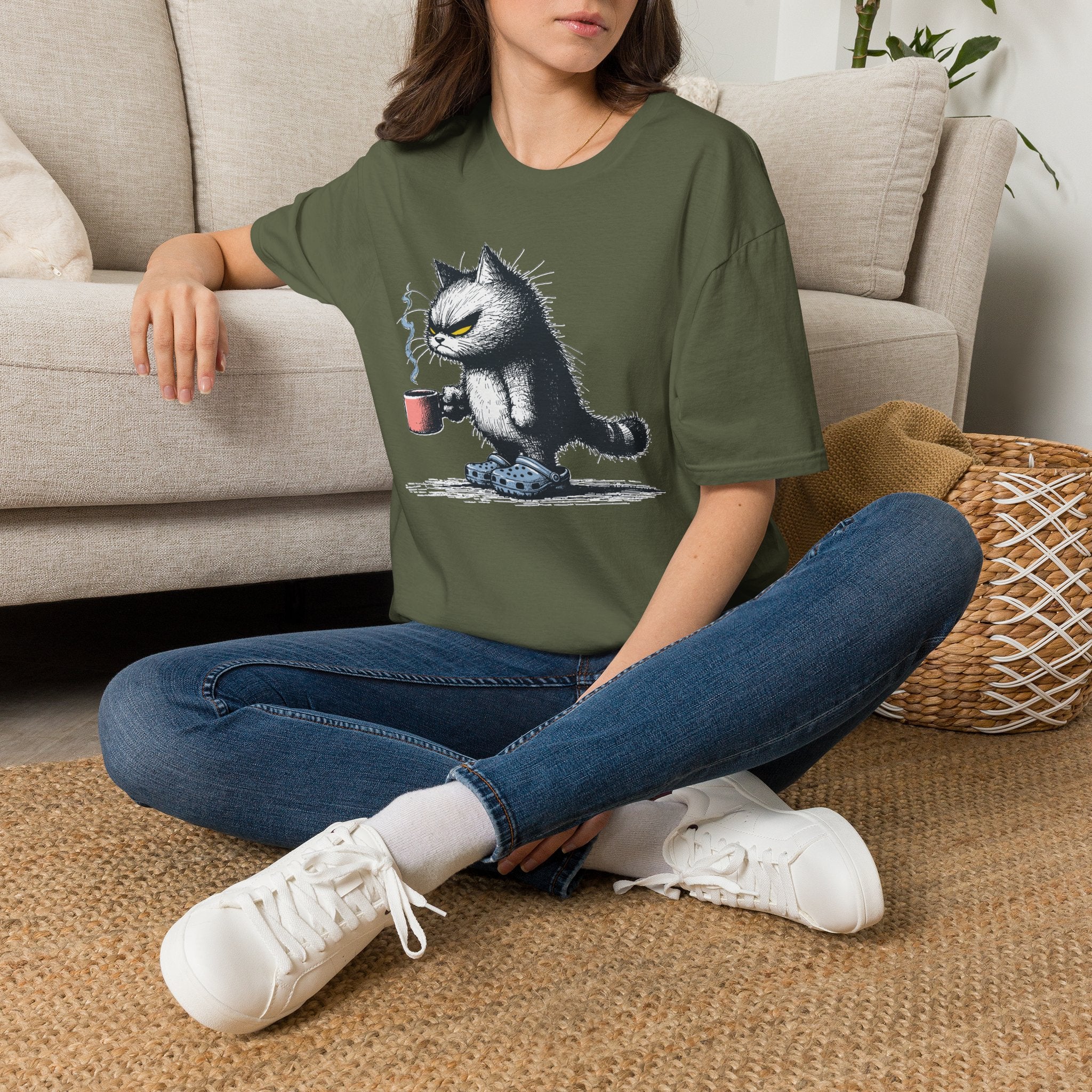 Cat Coffee T-Shirt — Grumpy Cat Holding Mug Illustration