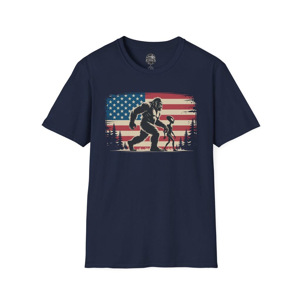 Bigfoot & Alien Patriotic T-Shirt — Distressed Flag Cryptid Design