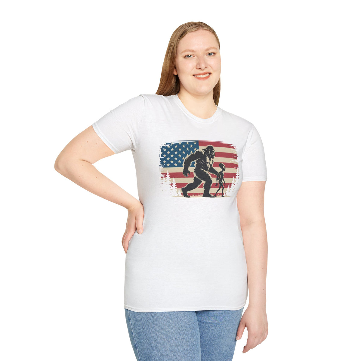 Bigfoot & Alien Patriotic T-Shirt — Distressed Flag Cryptid Design
