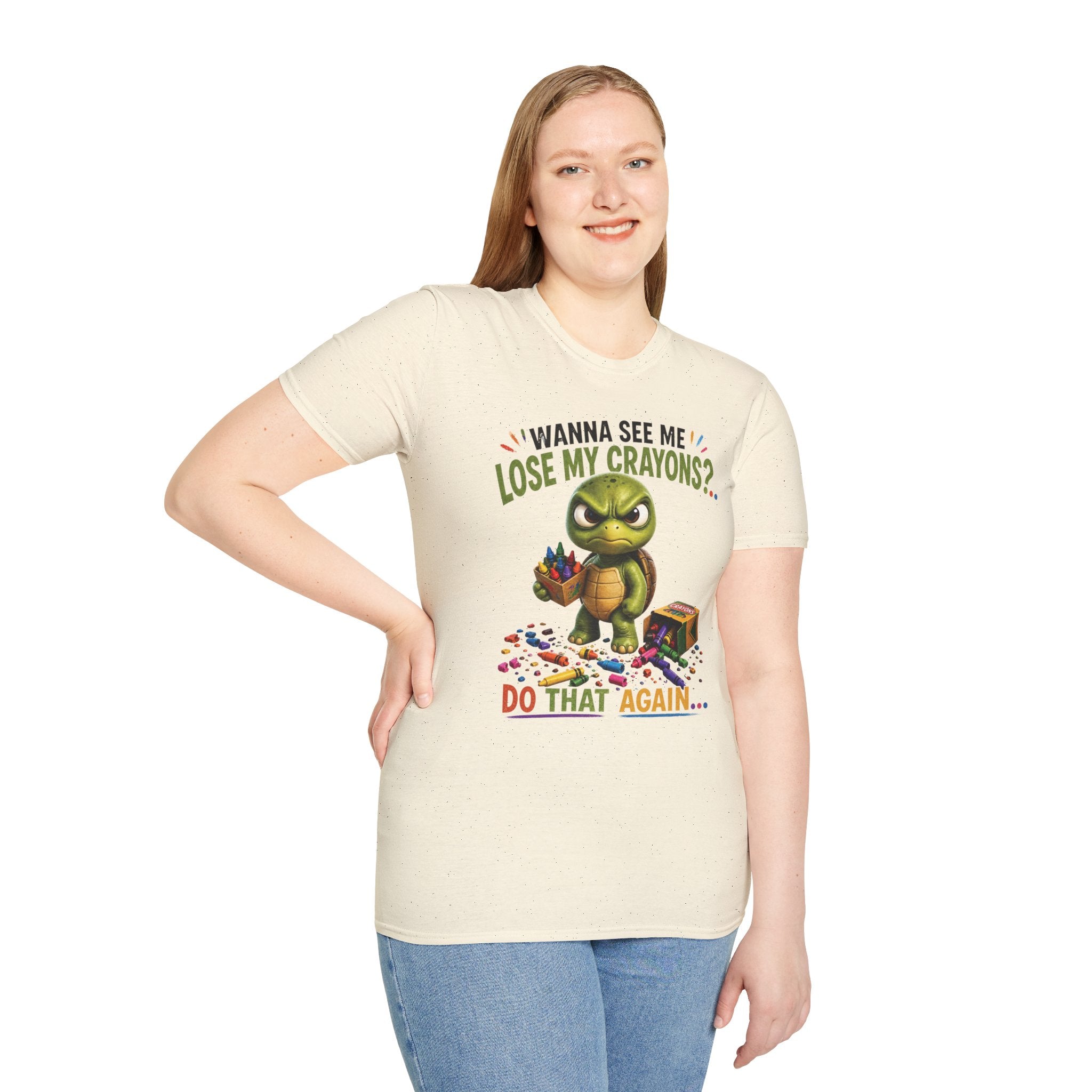 Funny Angry Turtle T-Shirt — “Wanna See Me Lose My Crayons? Do That Again…” — Teacher & Art Lover Tee