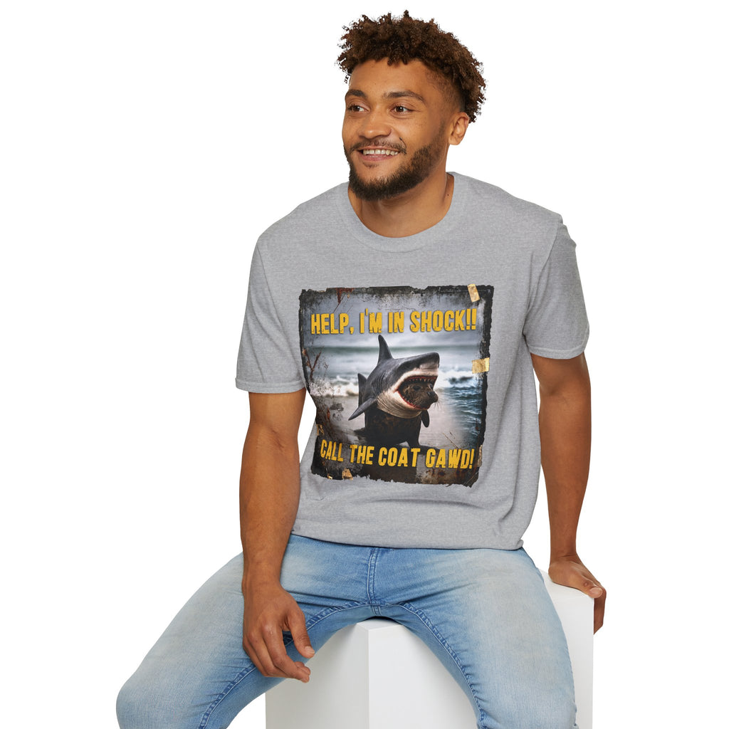 Shark Graphic T-Shirt — "Help, I'm in Shock!" Funny Beachwear
