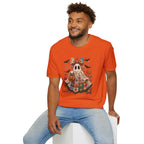 Patchwork Floral Ghost Halloween Shirt | Quilted Boho Ghost with Pumpkin and Bats