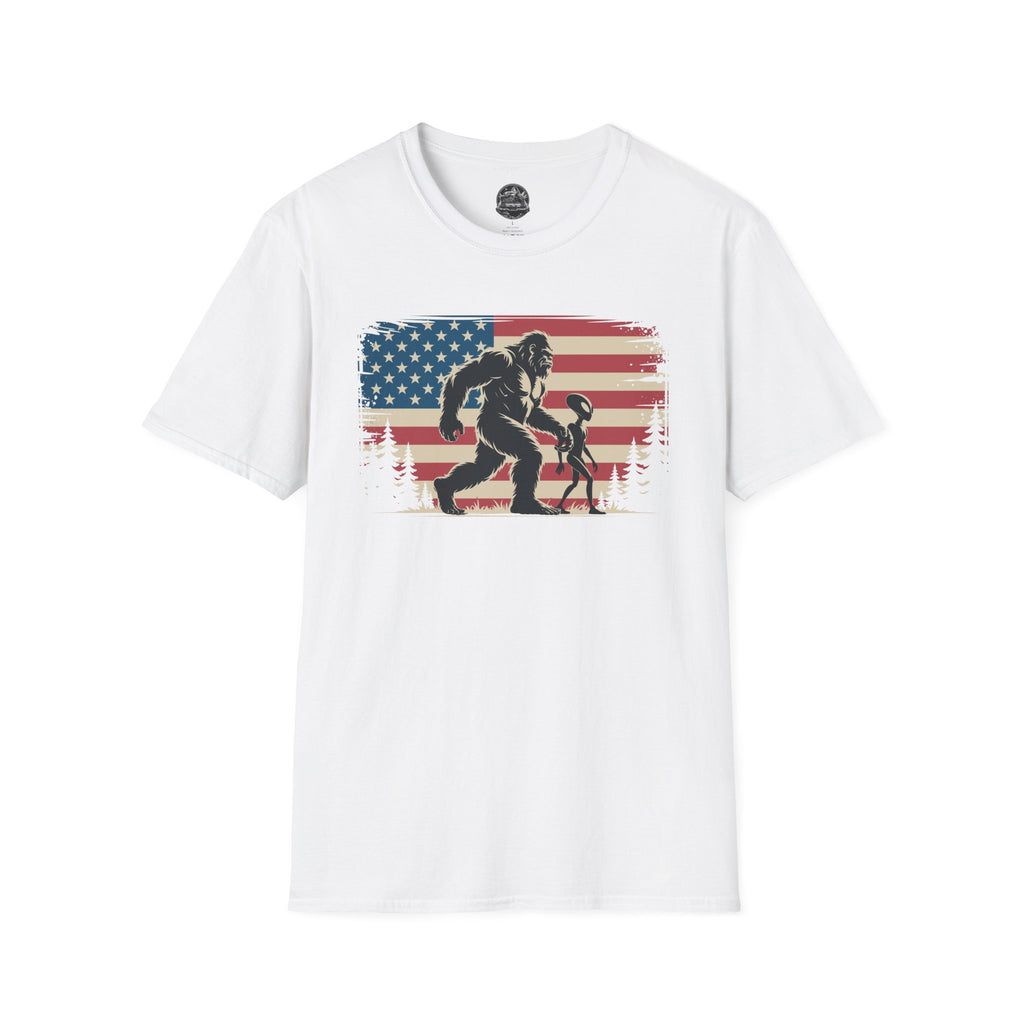 Bigfoot & Alien Patriotic T-Shirt — Distressed Flag Cryptid Design