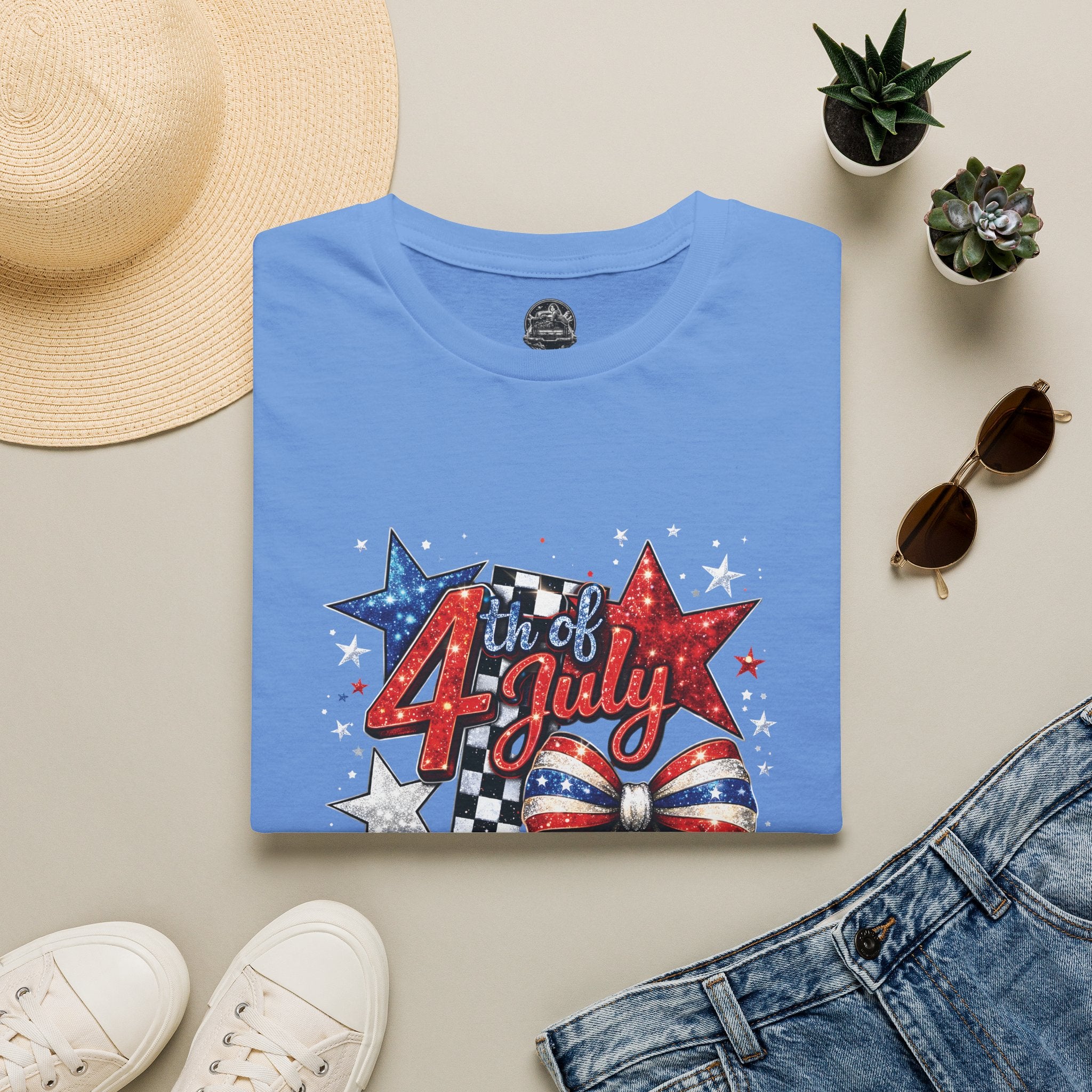 4th of July Patriotic T-Shirt – Red White Blue Stars & Bow Design