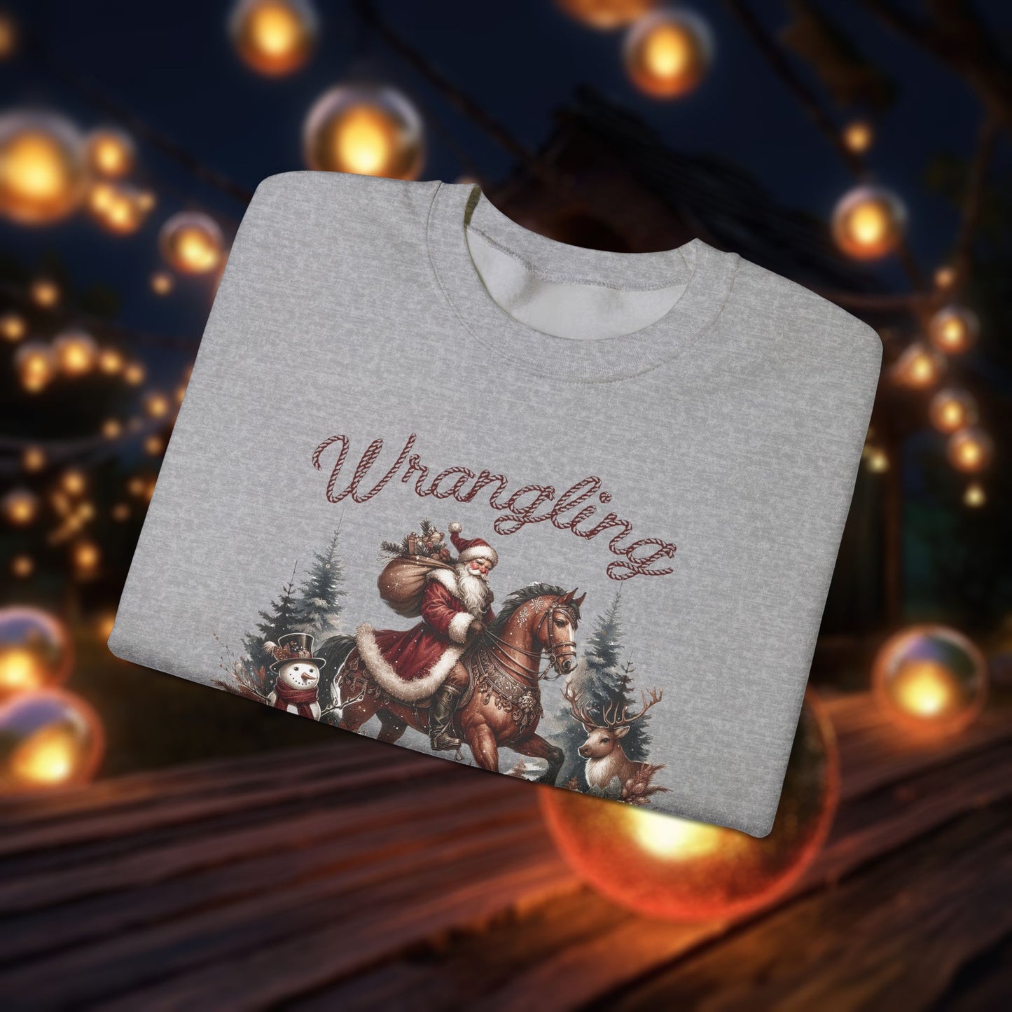 Christmas Western Sweatshirt with Santa on Horse and Snowman