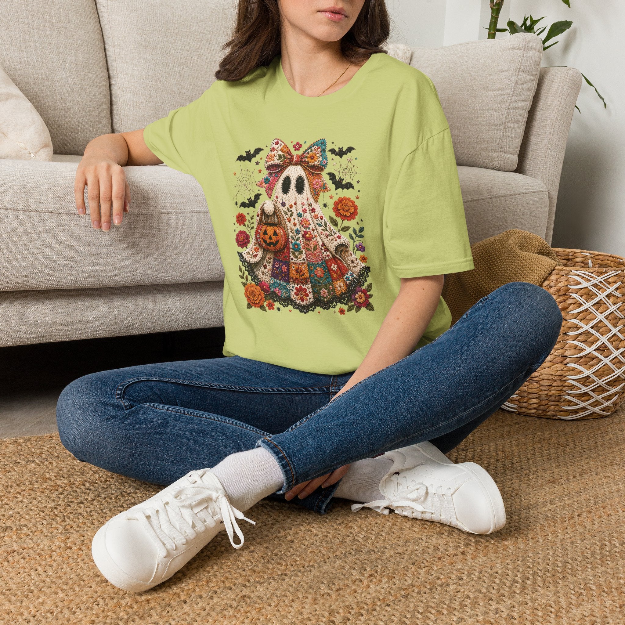 Patchwork Floral Ghost Halloween Shirt | Quilted Boho Ghost with Pumpkin and Bats