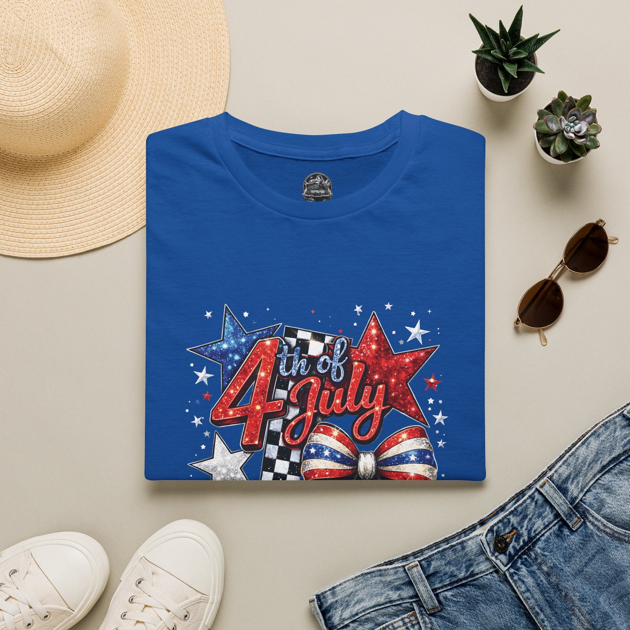 4th of July Patriotic T-Shirt – Red White Blue Stars & Bow Design