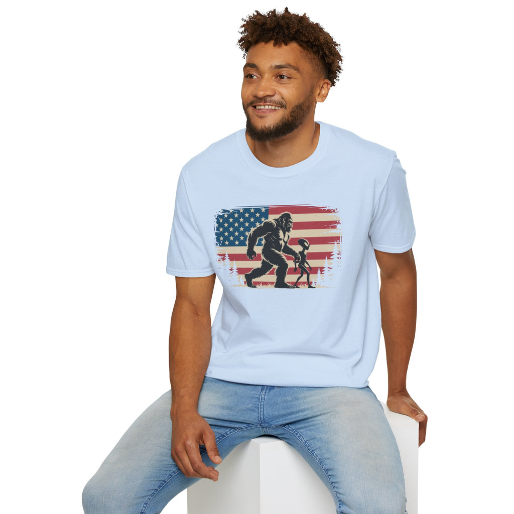 Bigfoot & Alien Patriotic T-Shirt — Distressed Flag Cryptid Design