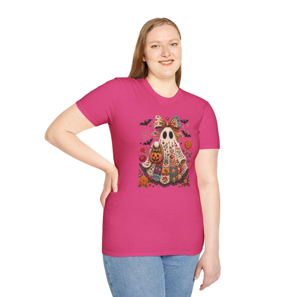 Patchwork Floral Ghost Halloween Shirt | Quilted Boho Ghost with Pumpkin and Bats