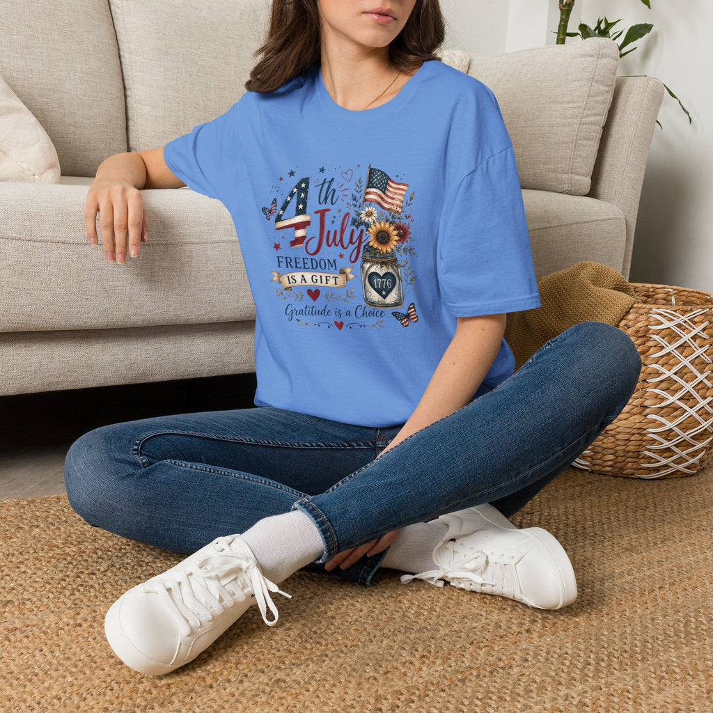 4th of July T-Shirt — "Freedom Is A Gift" Patriotic American Flag & Sunflower Tee