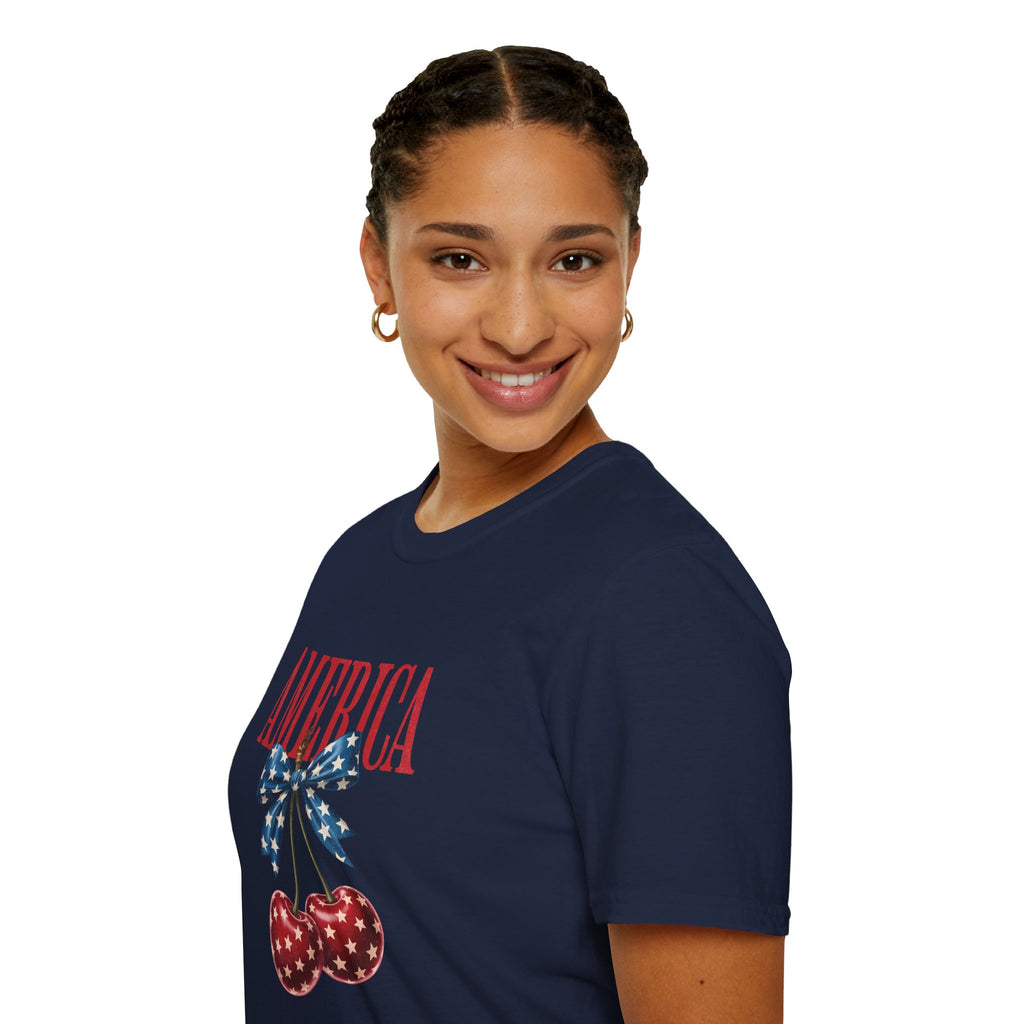 America Cherry Graphic T‑Shirt — Patriotic Stars & Stripes Bow Tee
