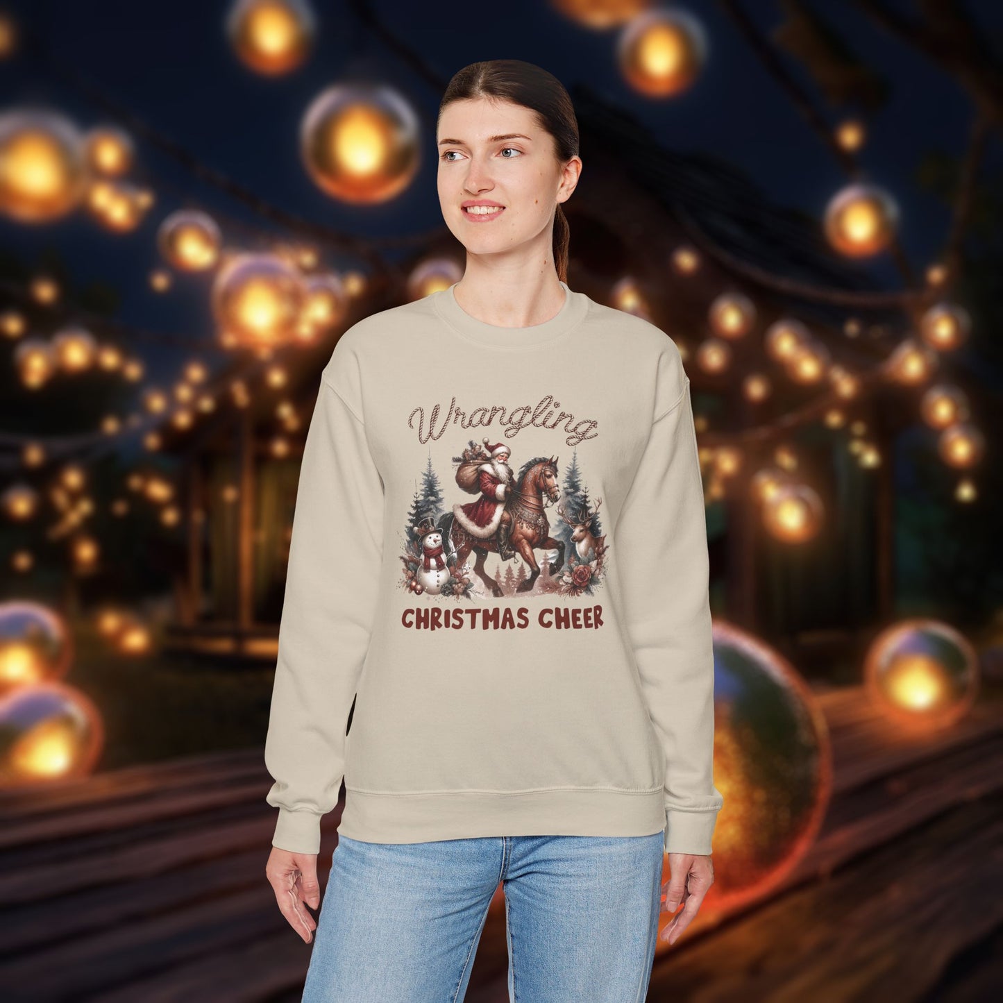 Christmas Western Sweatshirt with Santa on Horse and Snowman