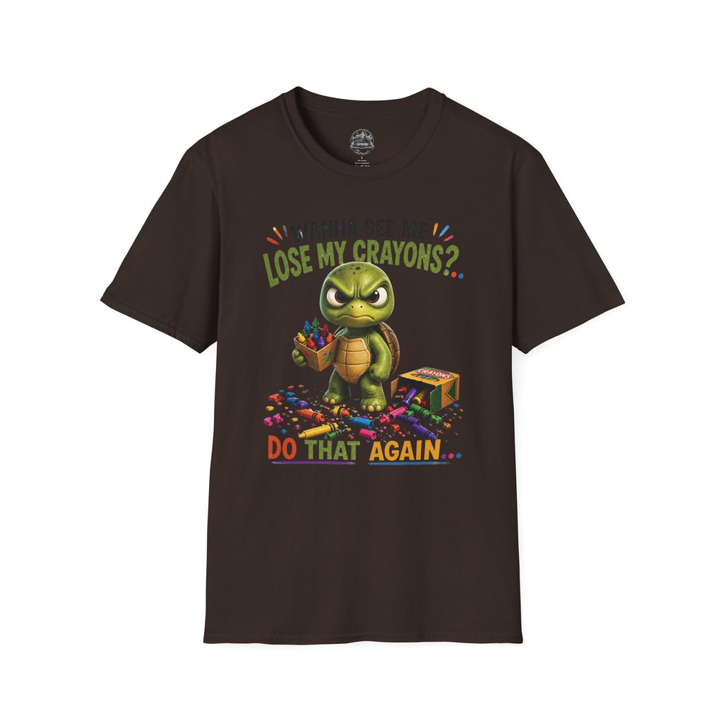 Funny Angry Turtle T-Shirt — “Wanna See Me Lose My Crayons? Do That Again…” — Teacher & Art Lover Tee