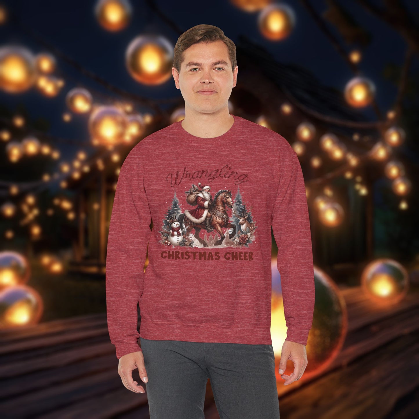 Christmas Western Sweatshirt with Santa on Horse and Snowman