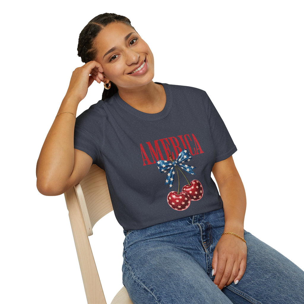 America Cherry Graphic T‑Shirt — Patriotic Stars & Stripes Bow Tee