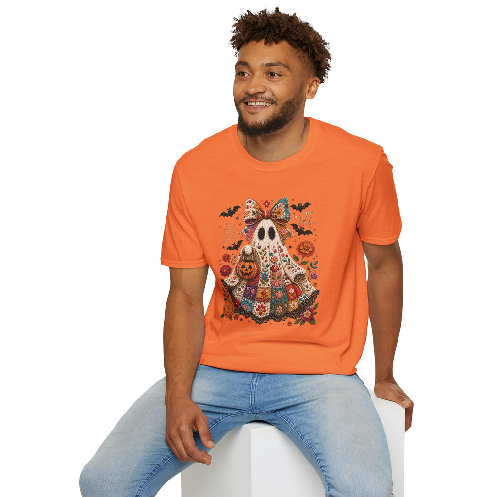 Patchwork Floral Ghost Halloween Shirt | Quilted Boho Ghost with Pumpkin and Bats