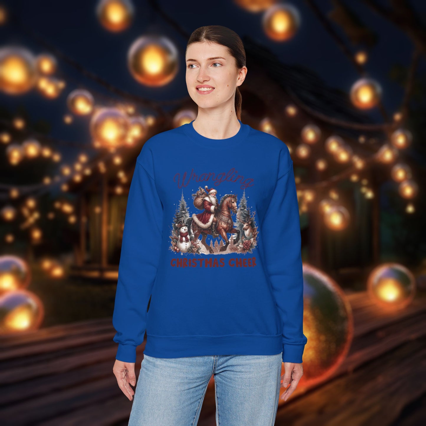 Christmas Western Sweatshirt with Santa on Horse and Snowman