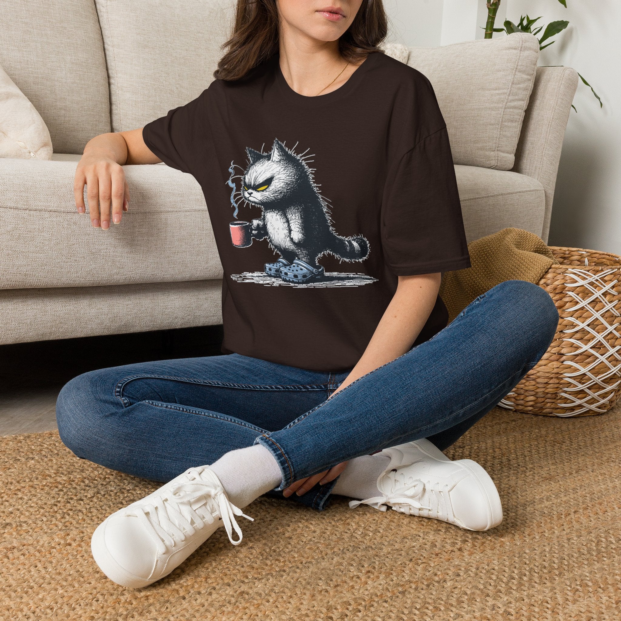 Cat Coffee T-Shirt — Grumpy Cat Holding Mug Illustration