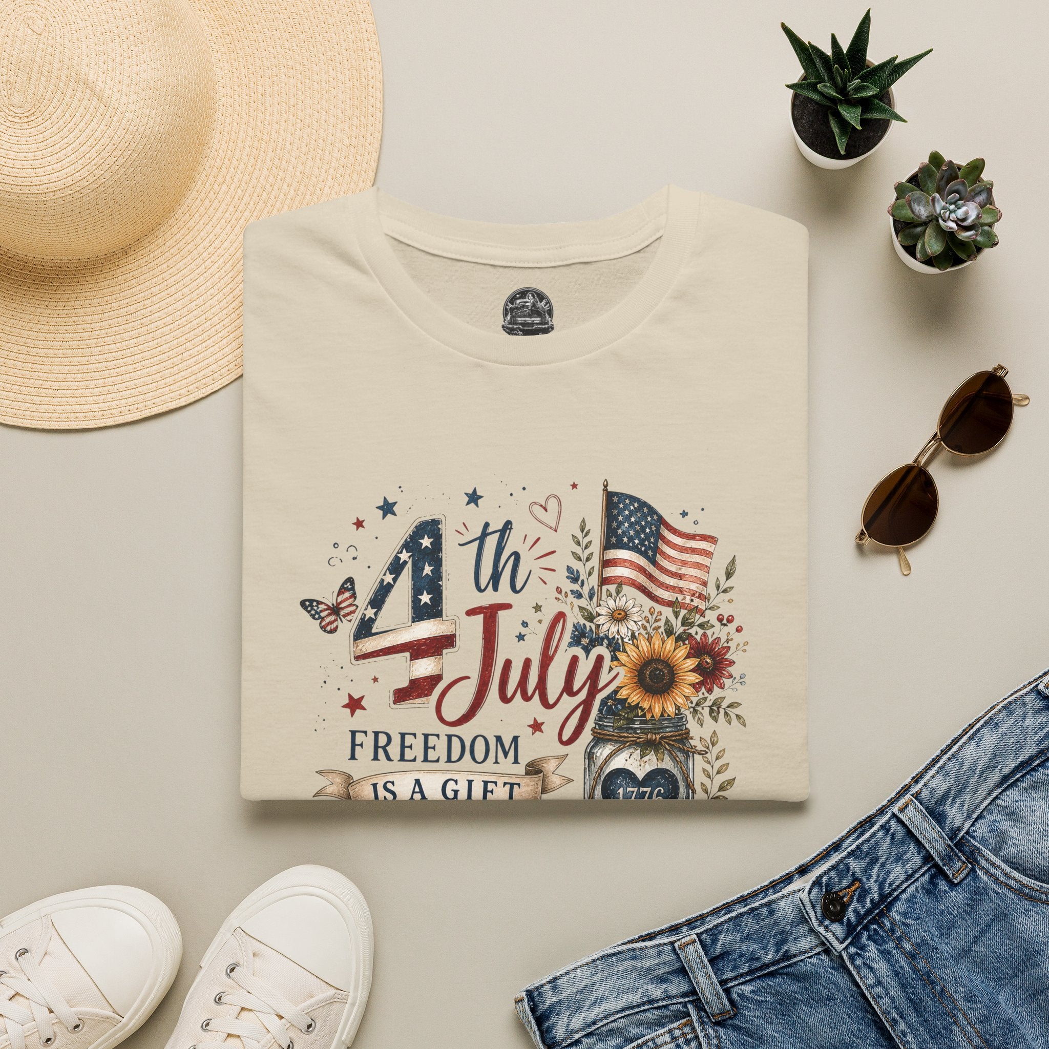 4th of July T-Shirt — "Freedom Is A Gift" Patriotic American Flag & Sunflower Tee