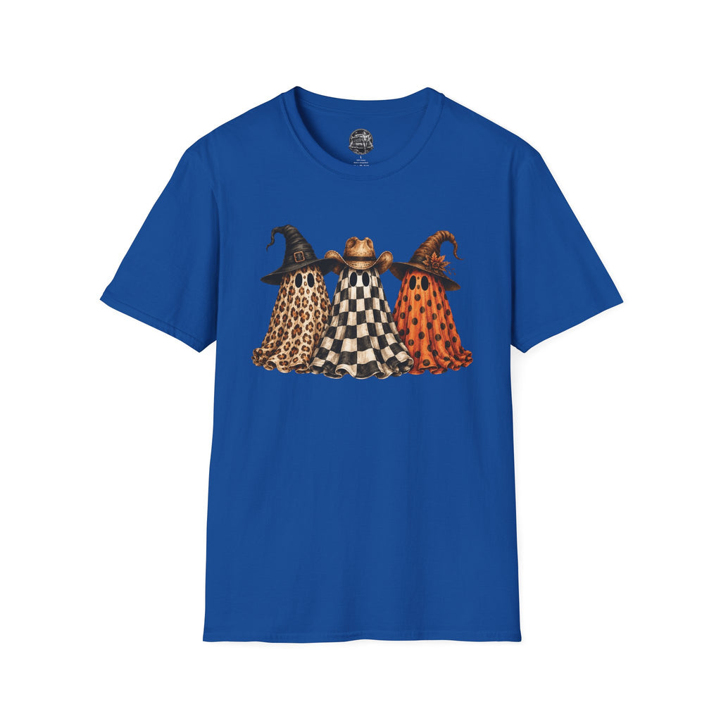 Halloween Ghost Trio T-Shirt — Leopard, Checker & Pumpkin Hat Design
