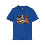 Halloween Ghost Trio T-Shirt — Leopard, Checker & Pumpkin Hat Design