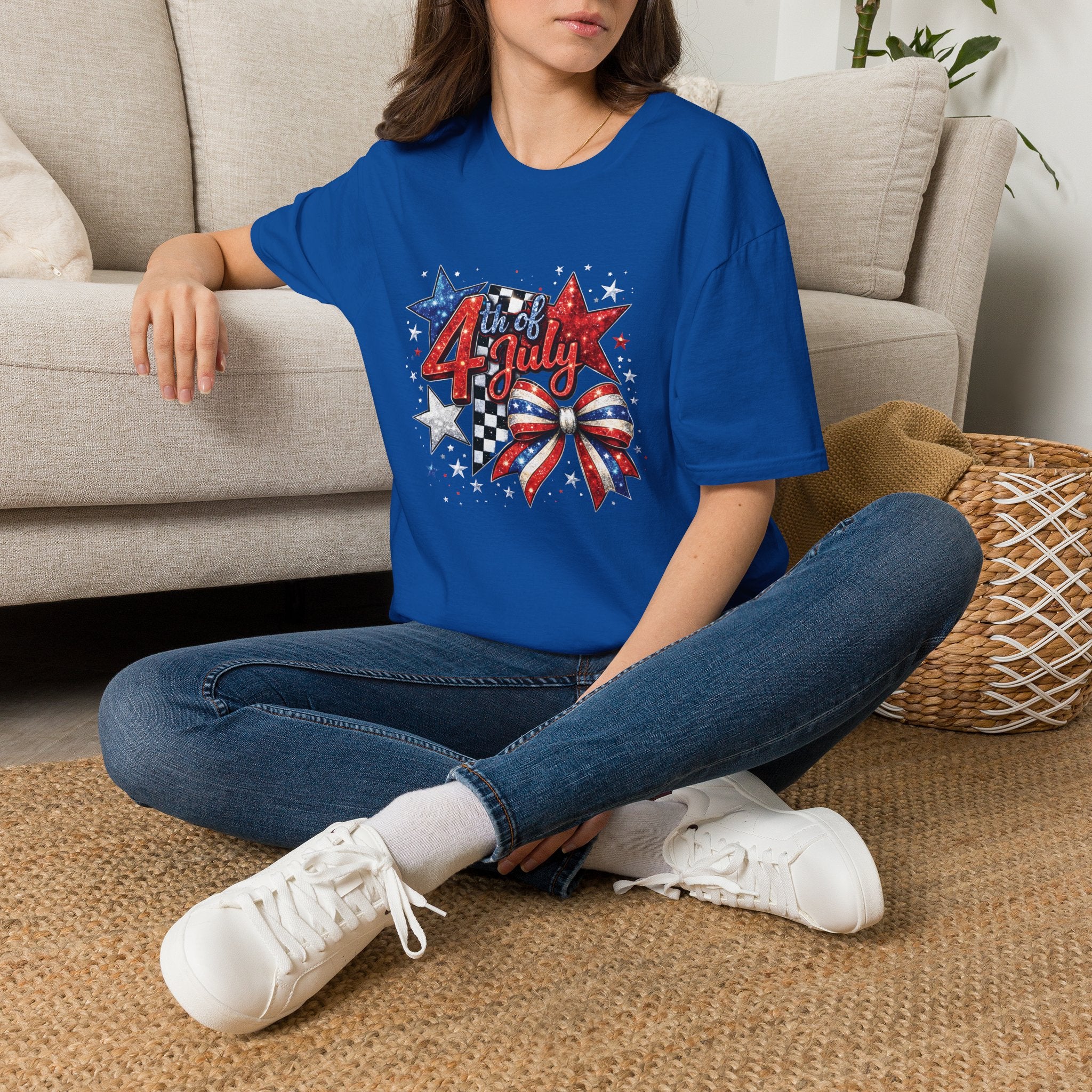 4th of July Patriotic T-Shirt – Red White Blue Stars & Bow Design