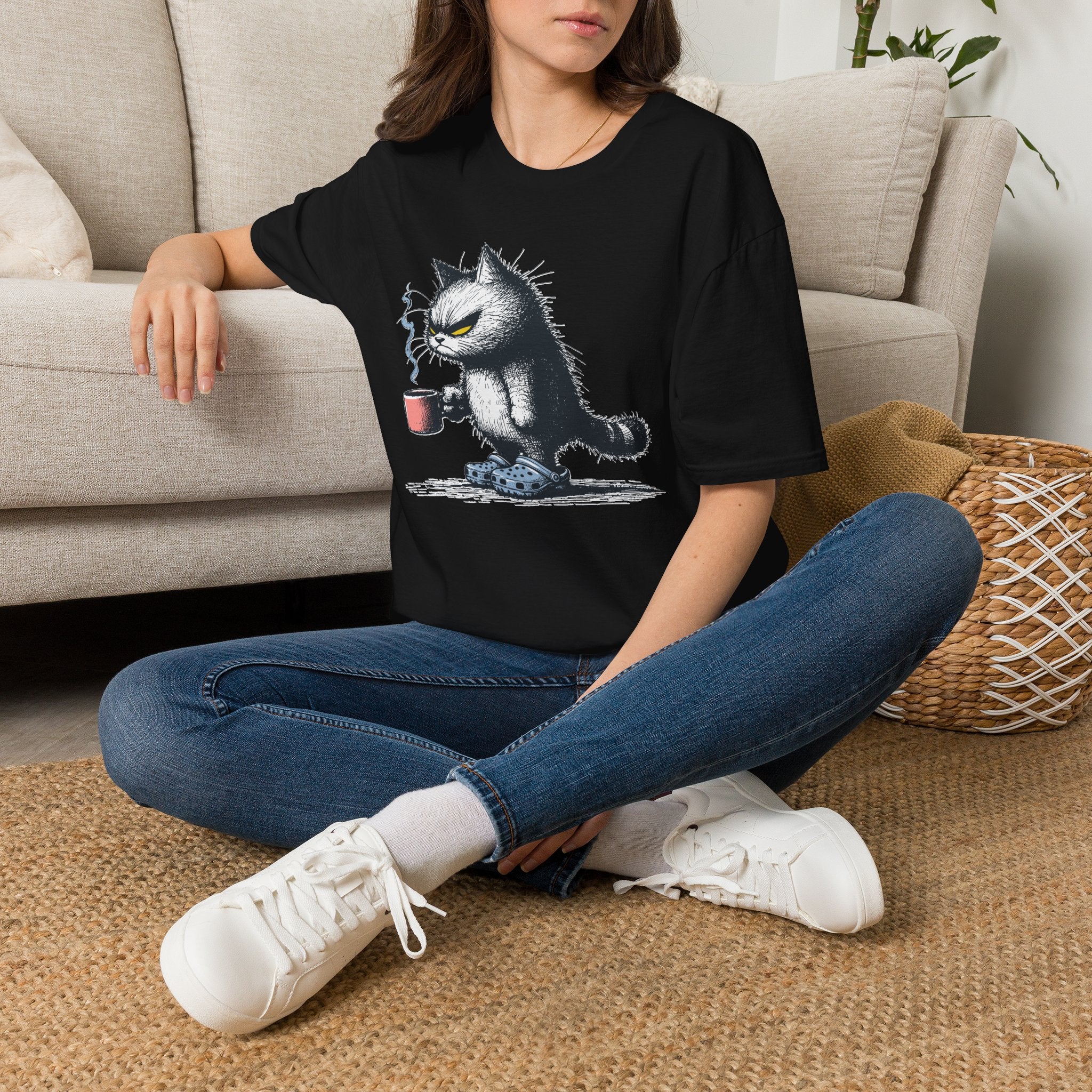 Cat Coffee T-Shirt — Grumpy Cat Holding Mug Illustration