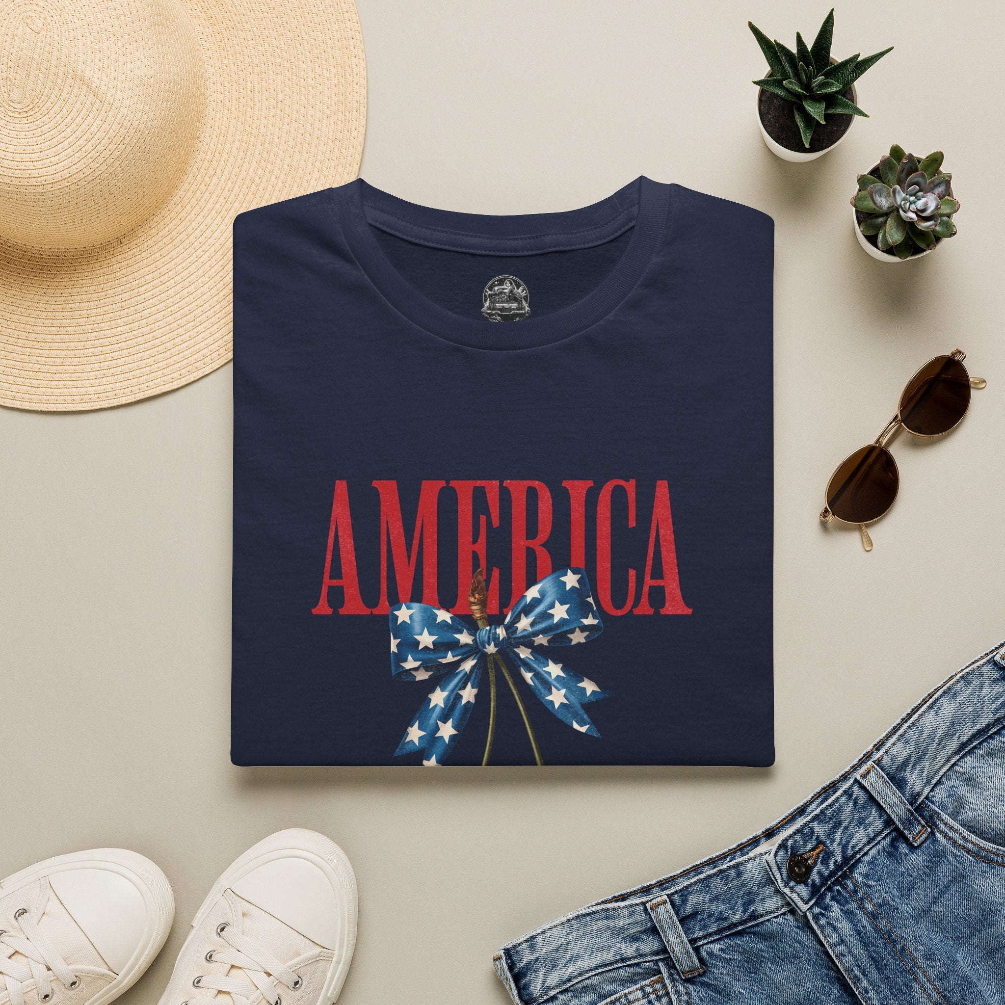 America Cherry Graphic T‑Shirt — Patriotic Stars & Stripes Bow Tee