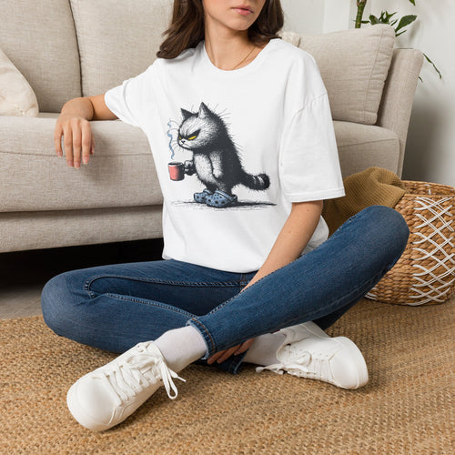 Cat Coffee T-Shirt — Grumpy Cat Holding Mug Illustration
