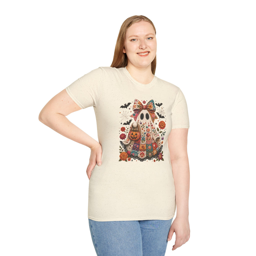 Patchwork Floral Ghost Halloween Shirt | Quilted Boho Ghost with Pumpkin and Bats