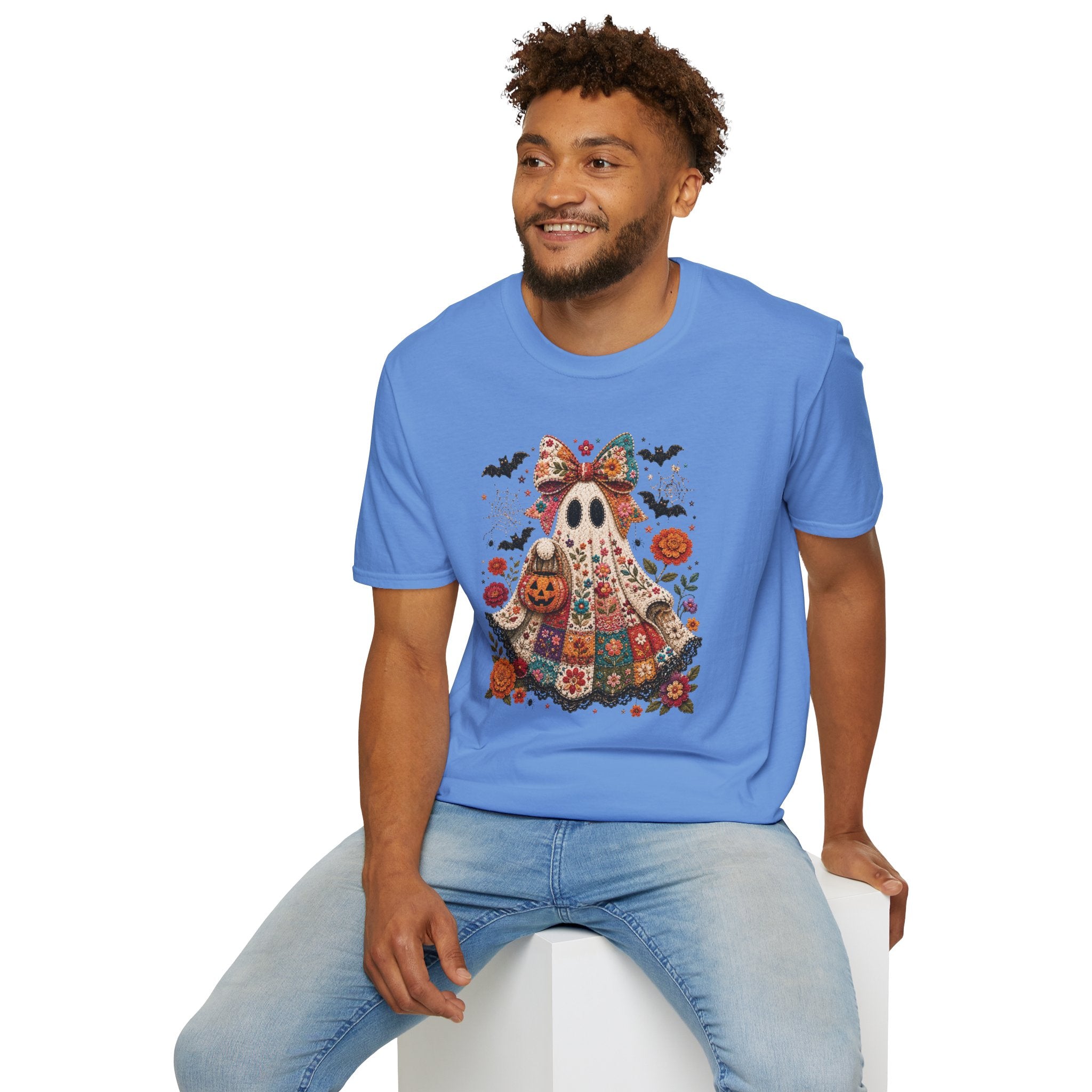 Patchwork Floral Ghost Halloween Shirt | Quilted Boho Ghost with Pumpkin and Bats