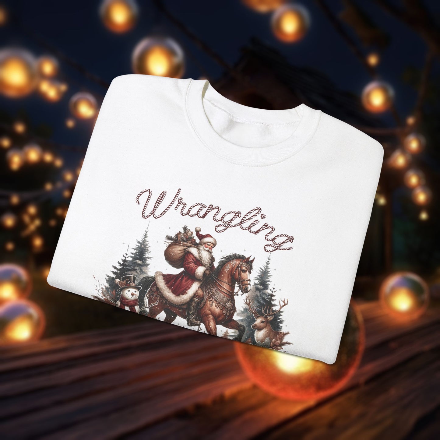 Christmas Western Sweatshirt with Santa on Horse and Snowman