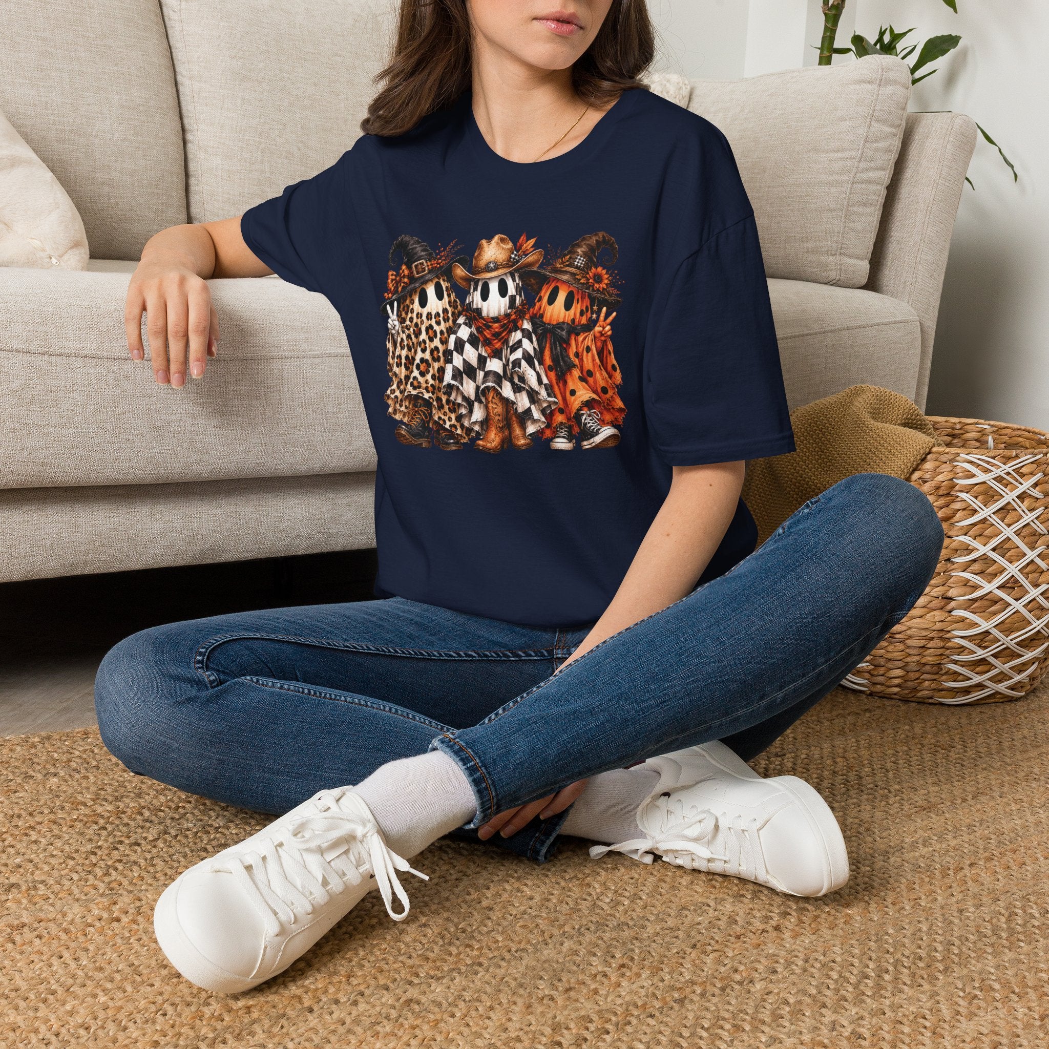 Halloween Pumpkin Crew T-Shirt — Leopard & Buffalo Plaid Spooky Friends
