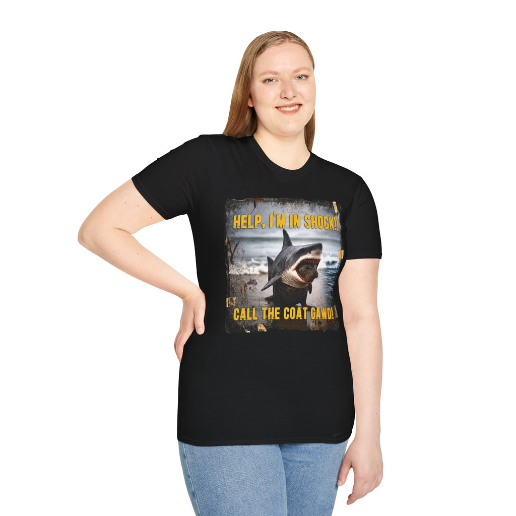 Shark Graphic T-Shirt — "Help, I'm in Shock!" Funny Beachwear