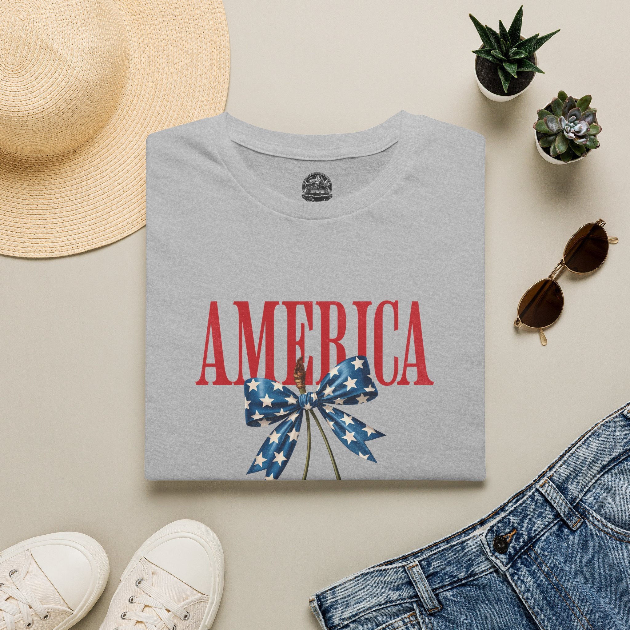 America Cherry Graphic T‑Shirt — Patriotic Stars & Stripes Bow Tee
